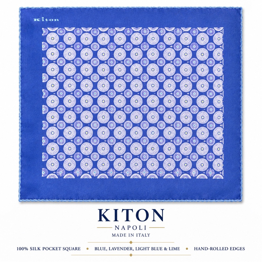 Kiton Blue and Lavender Circular-Pattern Silk Pocket Square